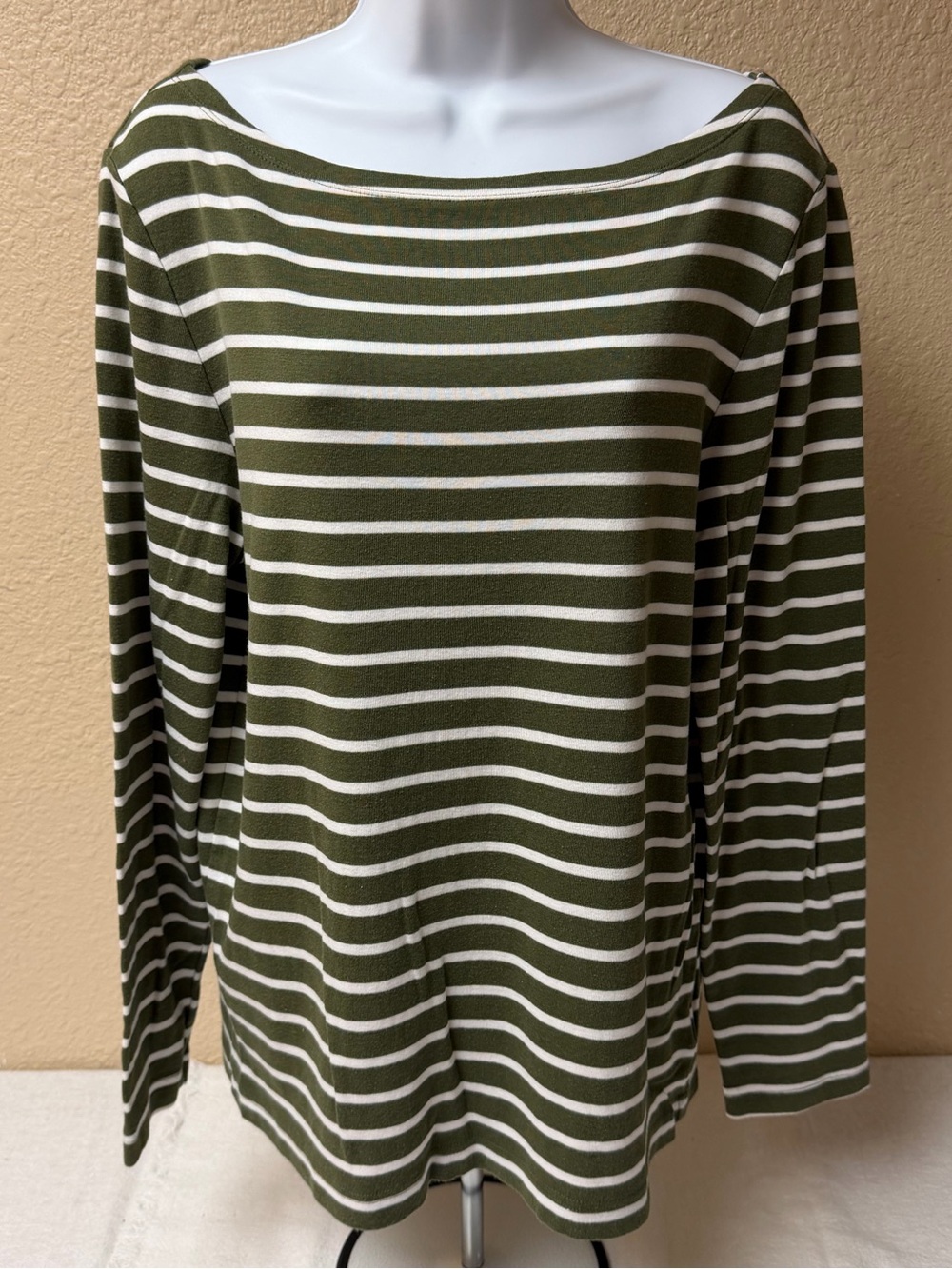 GAP Olive Green and White Striped Boatneck Long Sleeve Top
